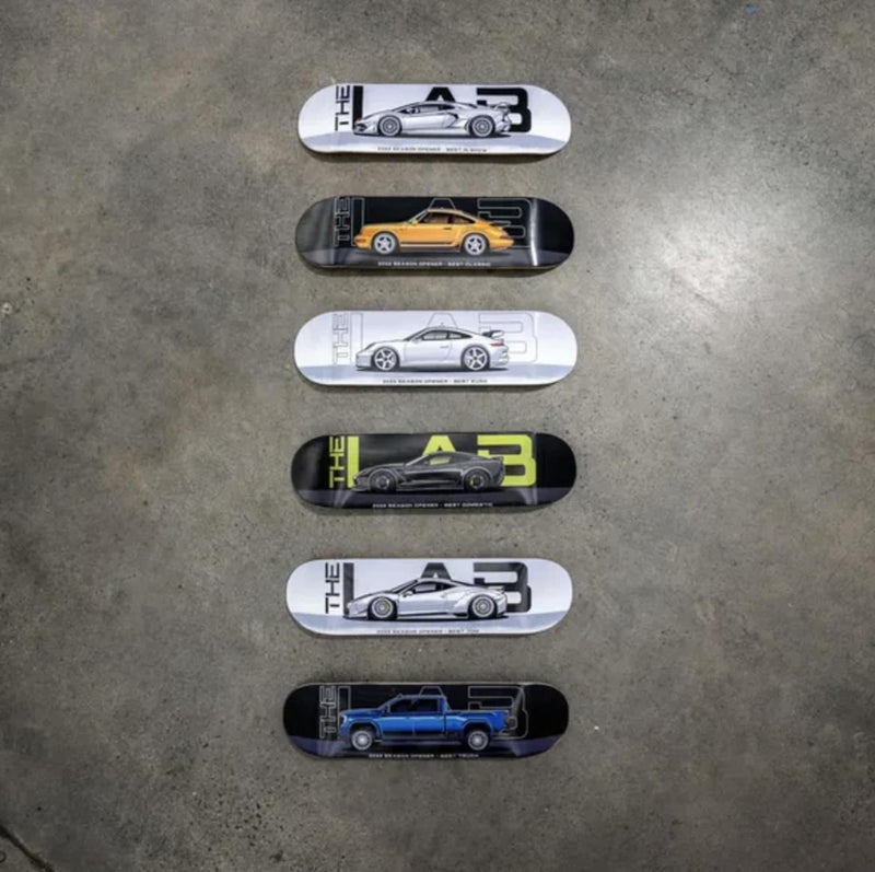 Set of six matching custom decks with car photos