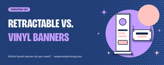 Retractable banner vs vinyl banner - illustration of a pull-up banner stand next to a grommeted vinyl banner