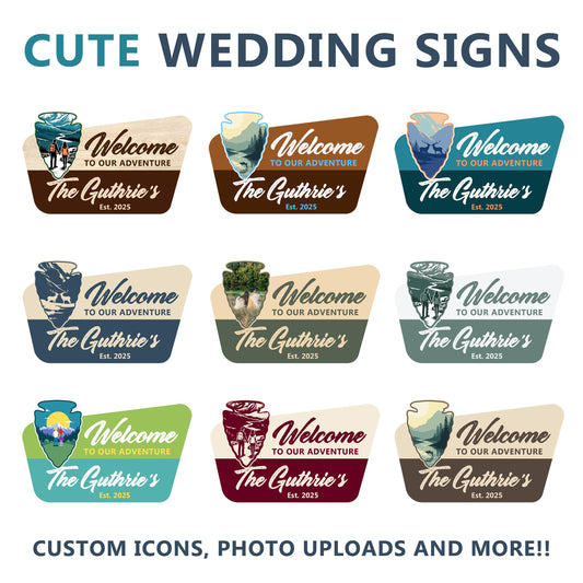 Custom Wedding Welcome Sign, Adventure Wedding Sign, Photo Upload, Fun Colors, super cute