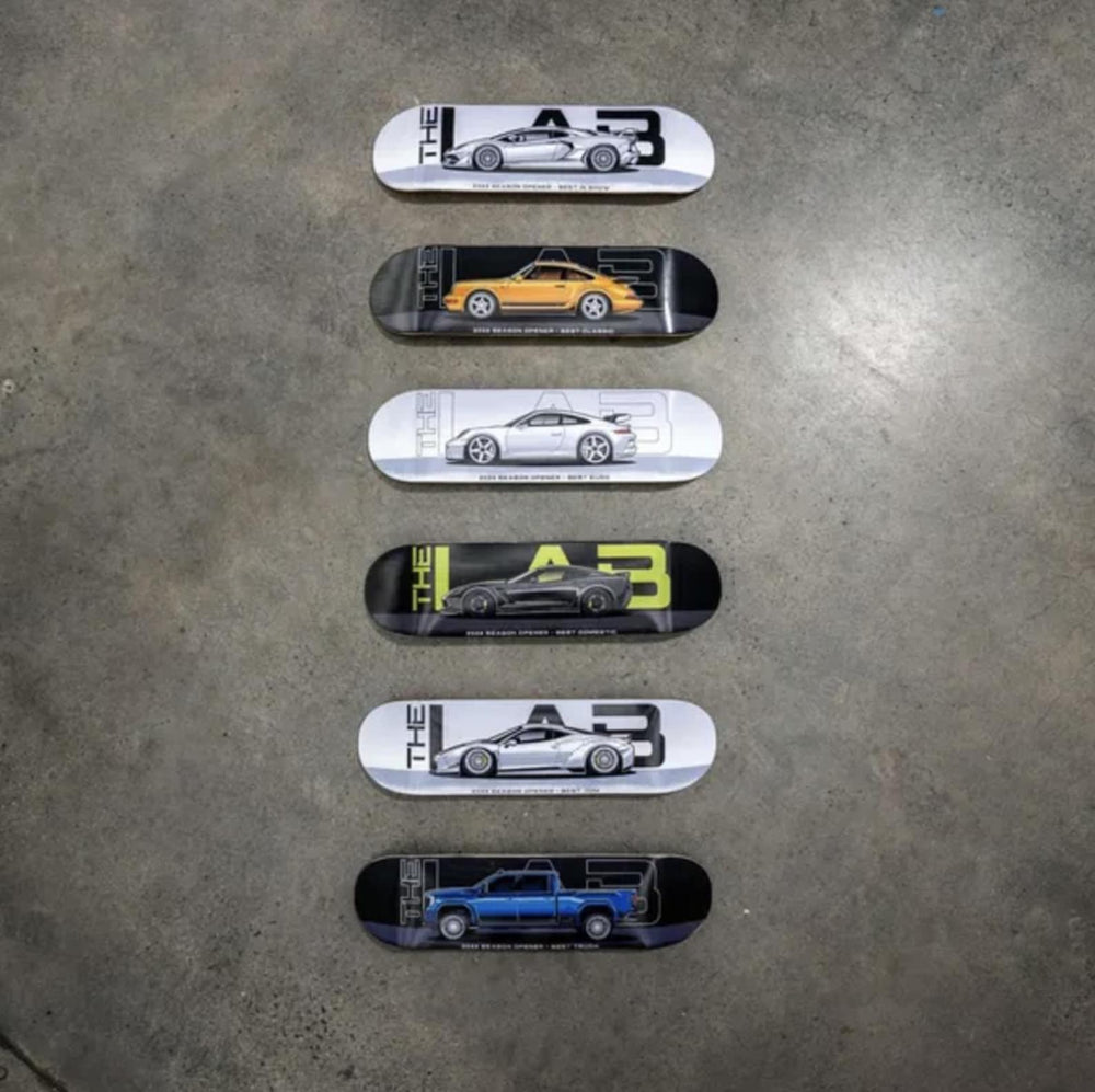Set of six matching custom decks with car photos