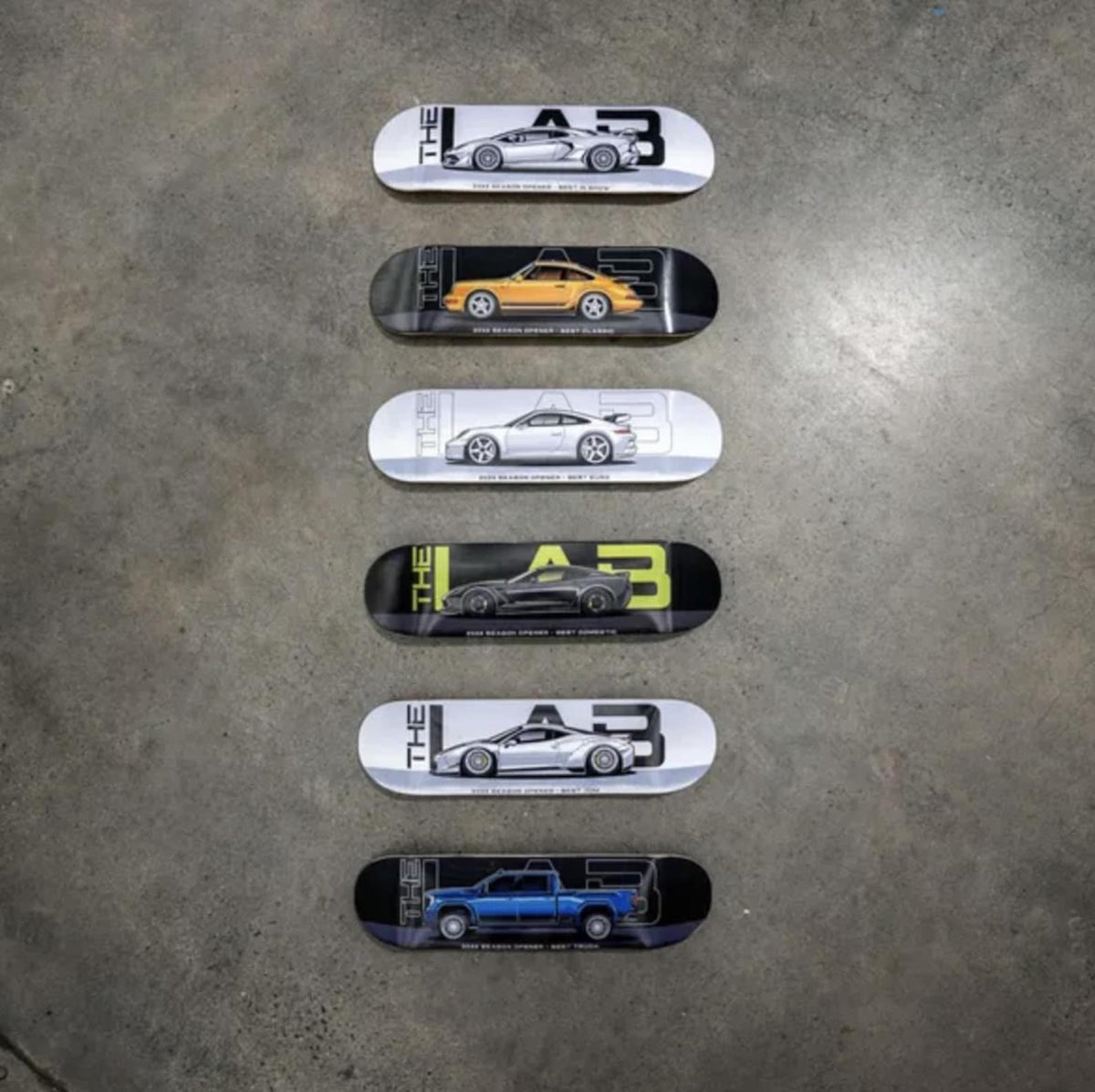 Set of six matching custom decks with car photos
