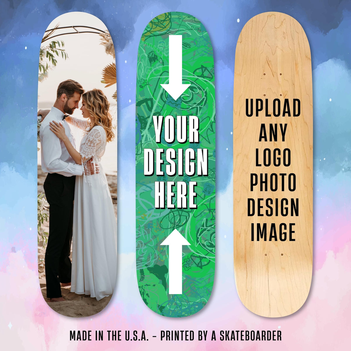 Three custom printed skateboard decks: a wedding photo, a green design, and a natural maple deck